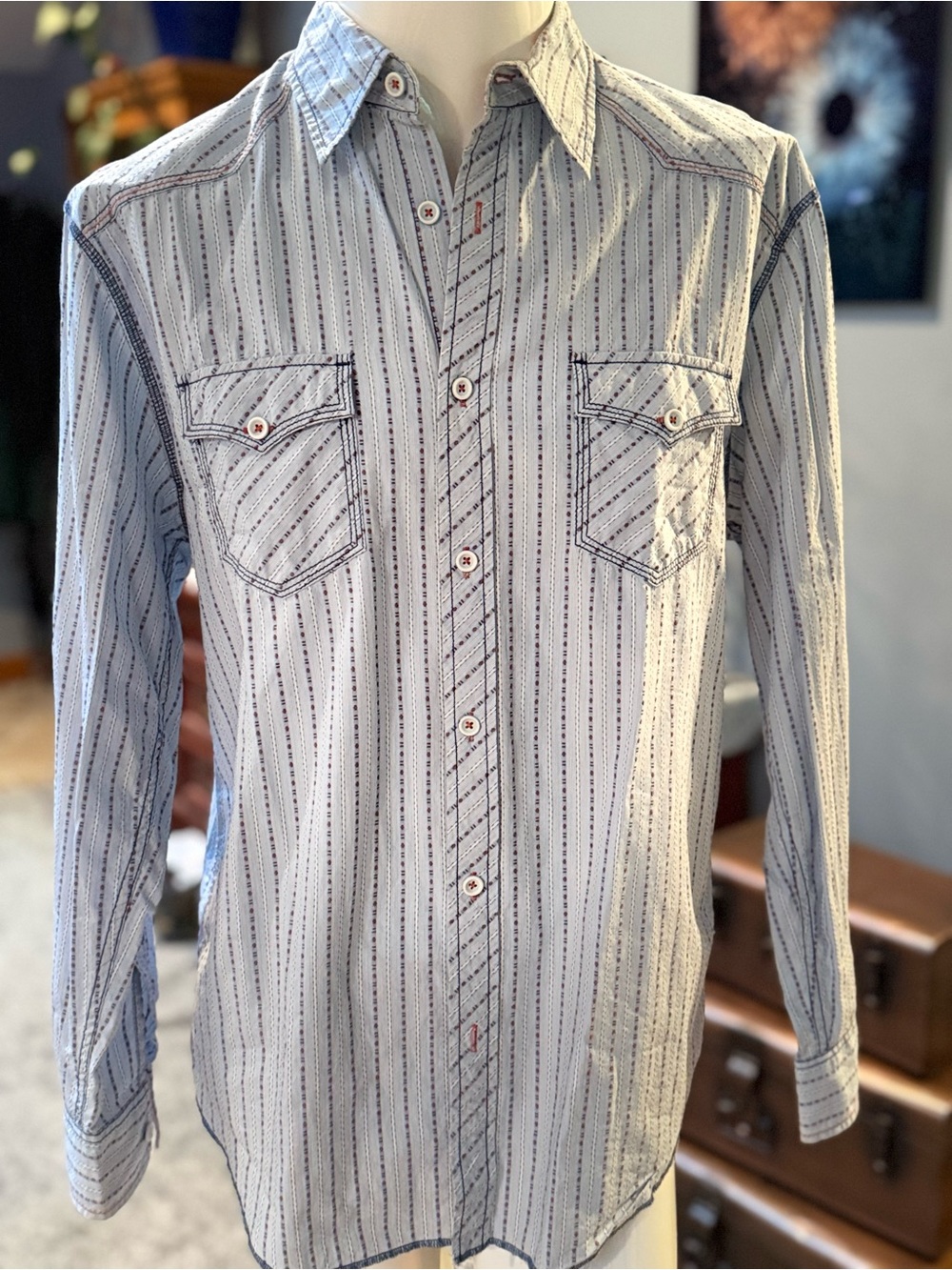 Perry Ellis White and Blue Striped Button-Down Shirt